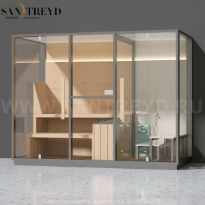 Effegibi MID LO70010001 Комбинированная баня: хаммам - душ и сауна. Установка: к стене. Мощность: 11 кВт макс. Размеры: длина 300 см, ширина 137 см. Отделка: канадский хемлок, матовый лакированный серый аллюминий и бежевый ламинат из керамогранита.