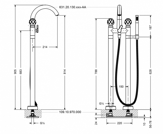 Смеситель для ванны ½" напольный, с душевым гарнитуром JOERGER Belledorновинка 631.20.130.000-AA - Вид №1