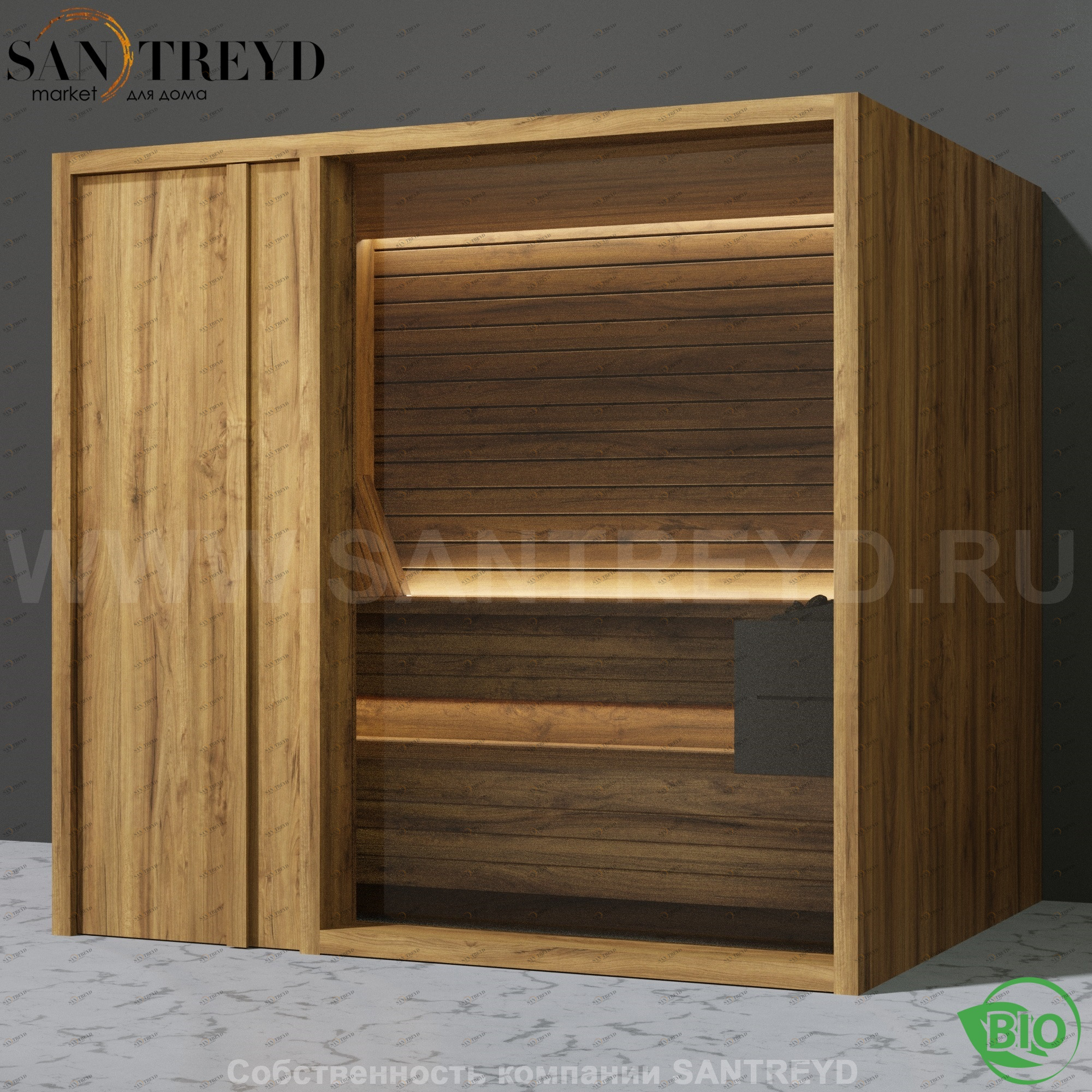 Effegibi YOKU.D105 BI.70200006 Био-сауна с левой дверью. Мощность: 12 кВт макс. Размеры: длина 230 см, ширина 200 см. Отделка: термообработанное дерево BI70200006