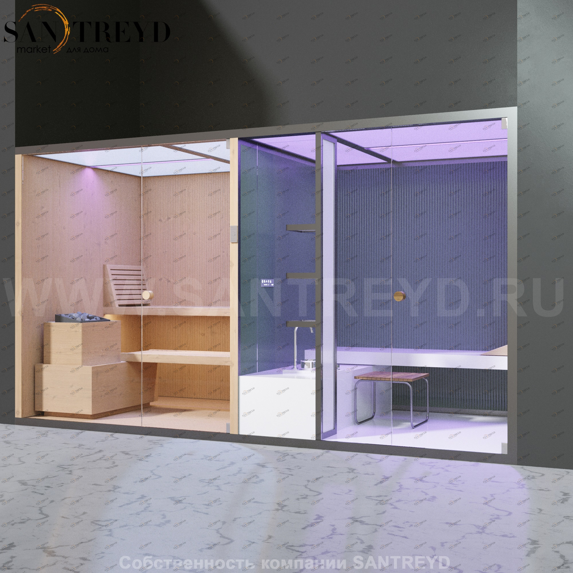 Effegibi BODYLOVE SH BL40140001 Фронтальная комбинированная баня: хаммам и сауна. Установка: в нишу. Мощность: 15 кВт макс. Размеры: длина 393 см, ширина 176 см. Отделка: канадский хемлок и трубчатое стекло.