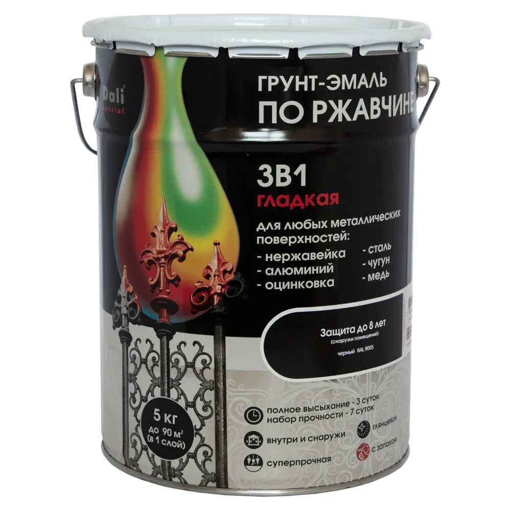 Грунт эмаль по ржавчине 3 в 1 гладкая Dali Special цвет черный 5 кг STLM-2090078