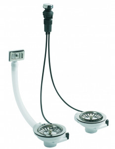 438000 000 00  Сетчатый фильтр для мойки с 2 чашами, автоматический трос с переливом, Д. 90 мм, зажим 0/18 мм, нержавеющая сталь Valentin Сталь