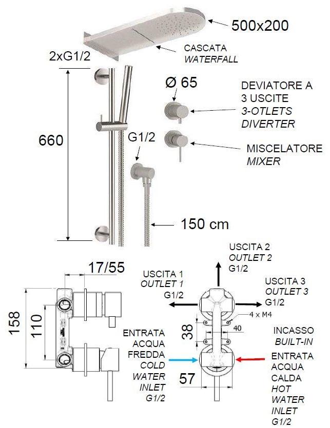 Remer Rubinetterie Душевой набор из нержавеющей стали с лейкой X style inox Ss x 93 p s01/2 mmca - Вид №3