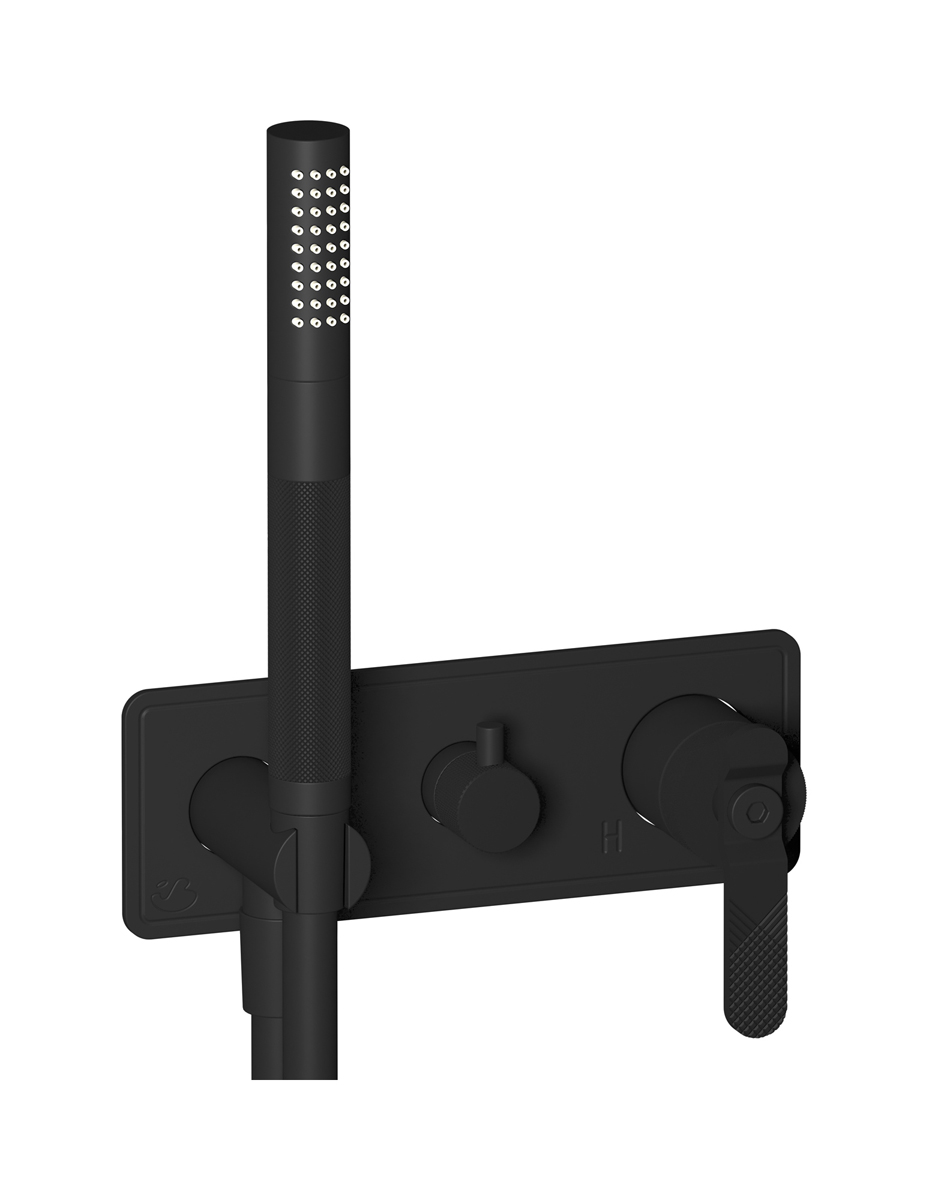 Внешние части встроенного в стену смесителя на 2 потребителя в комплекте с душевым гарнитуром. WE ARE IB b2313np Matt Black Bold