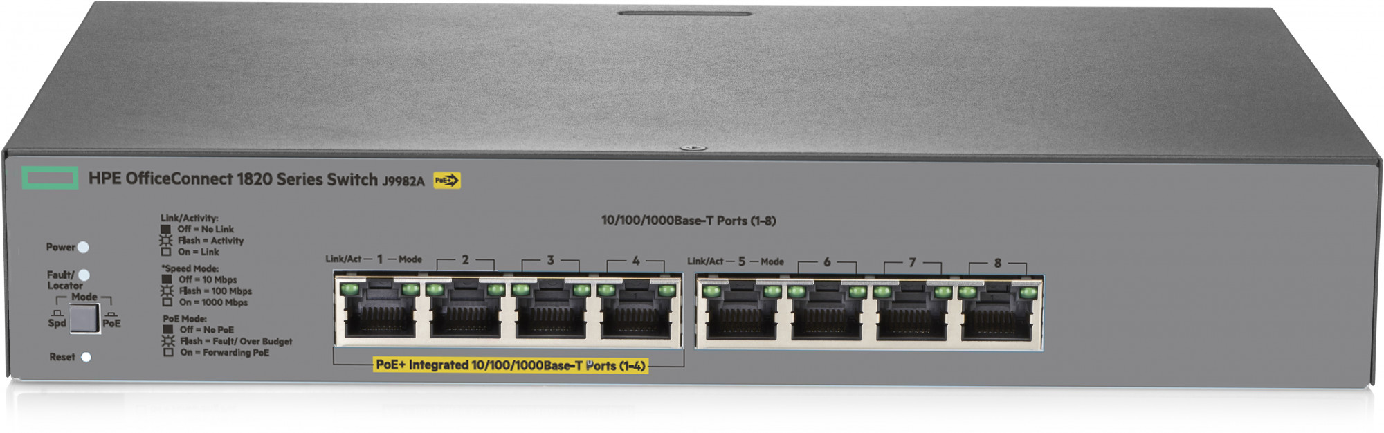 J9982A#ABB Hp 1820 8g poe+ (65w) switch (web managed, 4*10/100/1000 poe+, 4*10/100/1000, 65w, fanless, rack mounting, 19") HP Enterprise Santreyd 