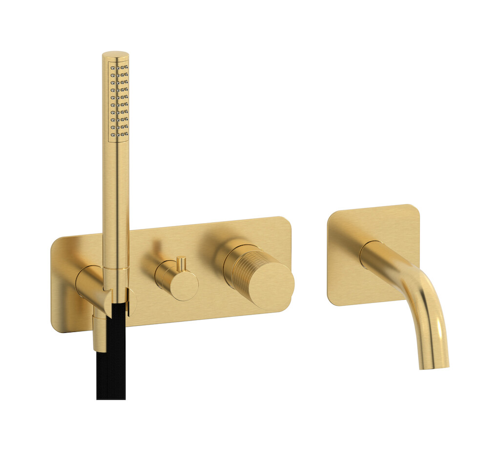 Настенный смеситель для ванной на дивертером и душевым гарнитуром. WE ARE IB ga398os Brushed Gold Gatsby