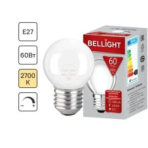 Лампа накаливания Bellight Е27 230 В 60 Вт шар 660 лм теплый белый цвет света для диммера