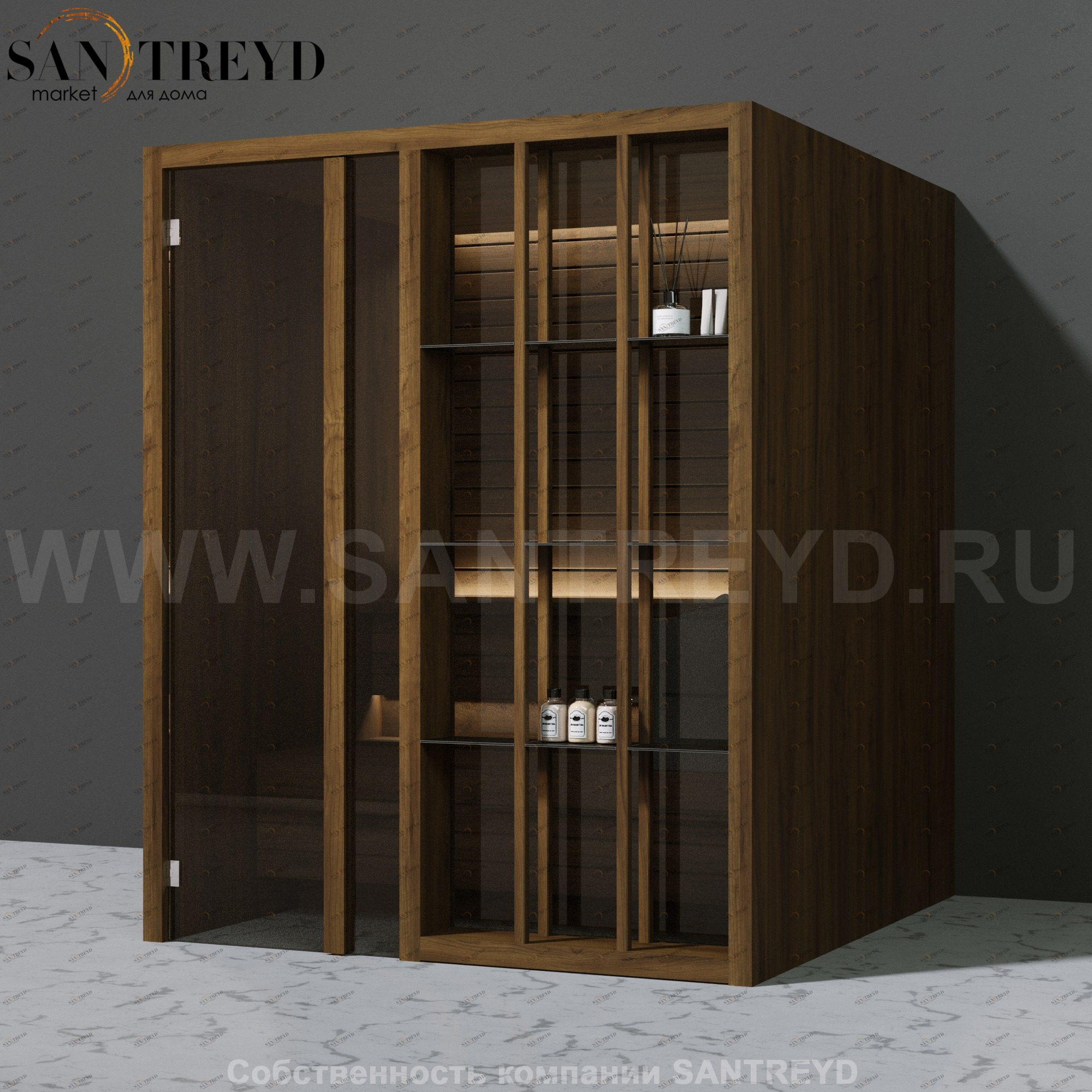 Effegibi YOKU.S60 SA.70100014 Сауна с левой дверью. Мощность: 6 кВт макс. Размеры: длина 174 см, ширина 170 см. Отделка: чёрный орех SA70100014