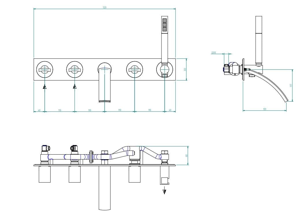 Настенный набор для ванны с ручным душем с пластиной Zazzeri ARCH-00134780 - Вид №4