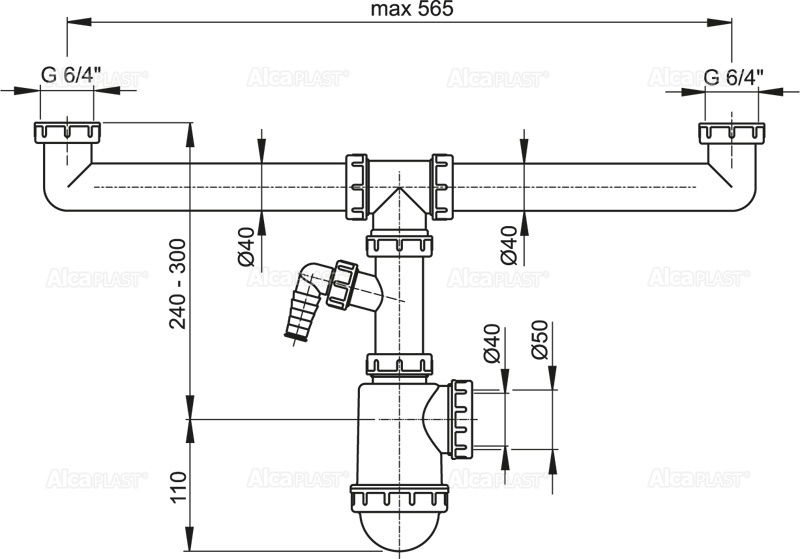 Сифон для сдвоенной мойки с накидными гайками 6/4" и штуцером ALCAPLAST A448PDN5040 - Вид №1
