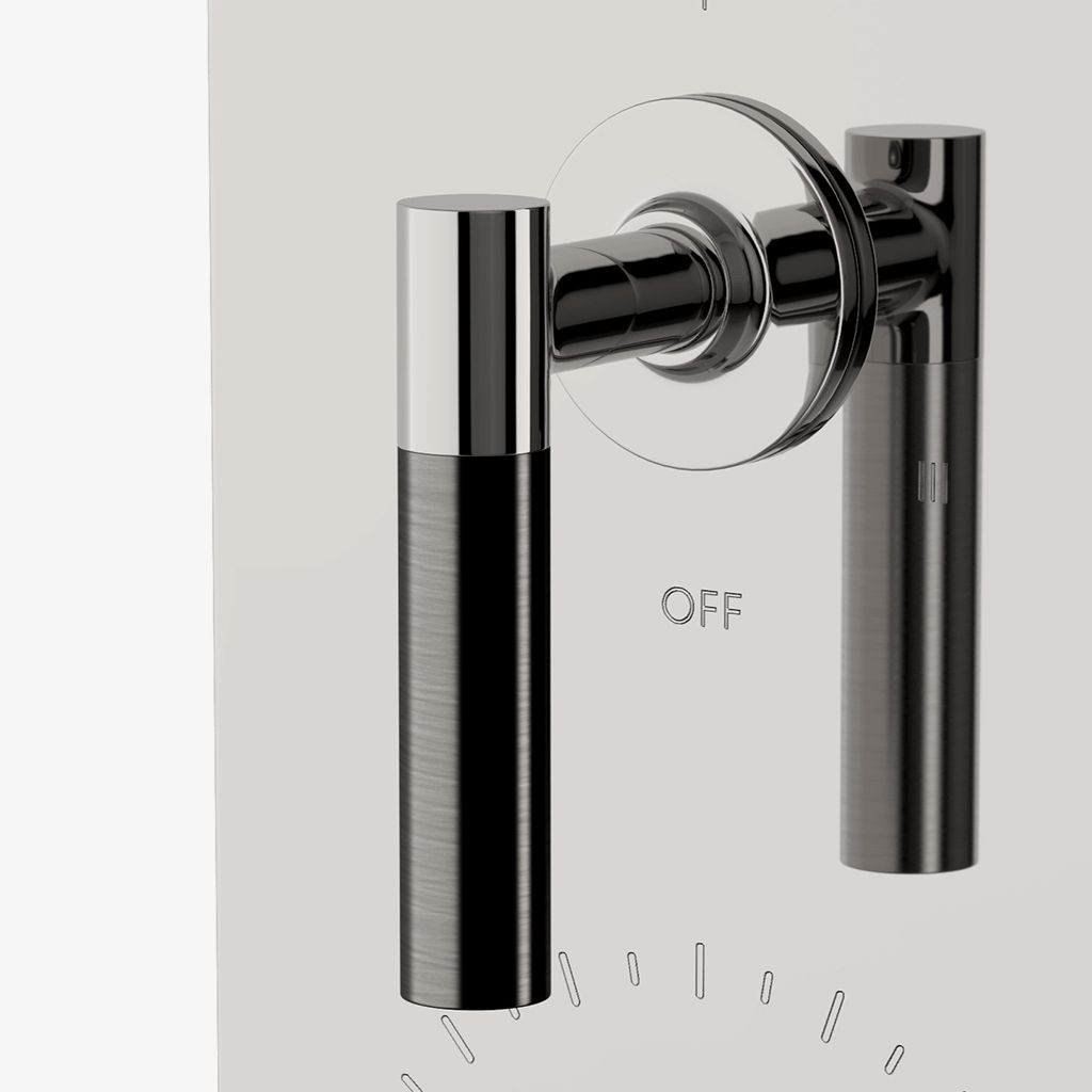 BTH52B Интегрированная термостатическая и трехходовая переключающая планка серии Bond Tandem с двухцветной ручкой и рычажными ручками гильошированных линий Waterworks - Вид №1