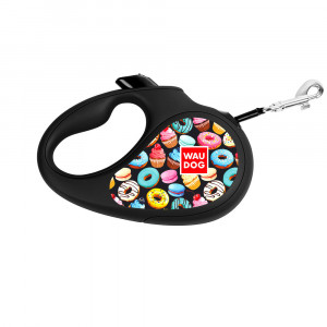 ПР0054721 Поводок-рулетка Waudog с рисунком "Пончики", размер XS до 12кг, 3м черная COLLAR