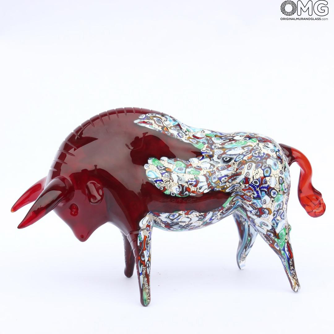 2044 ORIGINALMURANOGLASS Скульптура "Красный буйвол" с мурринами и серебром - муранское стекло 20 см  - Вид №1