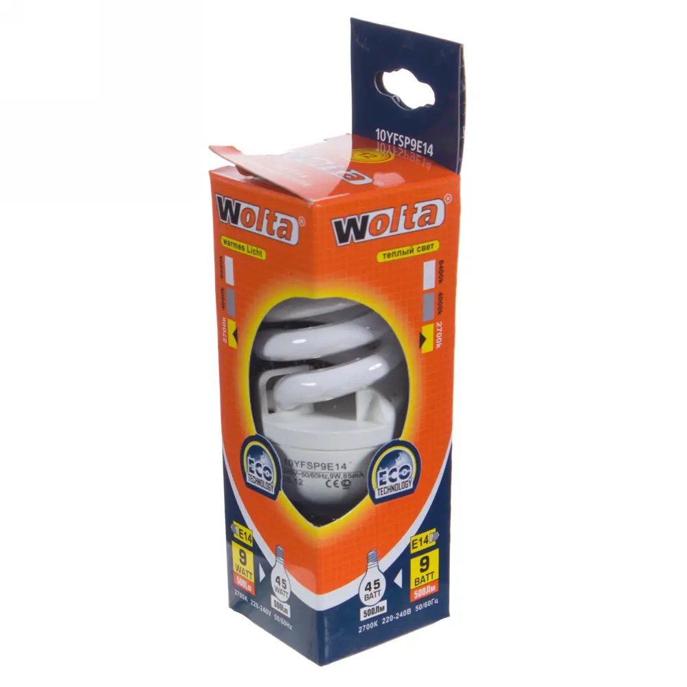 Лампа энергосберегающая Wolta спираль E14 9 Вт свет тёплый белый STLM-2161757 - Вид №1