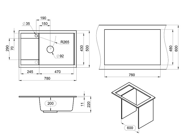 7805, ШВАРЦ (чёрный металлик), кухонная мойка, кварц GRANULA 7805-ST173 - Вид №3