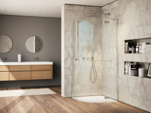 Стеклянная полукруглая душевая кабина с распашной дверью