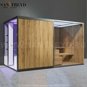 Effegibi BODYLOVE SH BL45240007 Боковая комбинированная баня: хаммам и сауна. Установка: к стене. Мощность: 15 кВт макс. Размеры: длина 393 см, ширина 176 см. Отделка: термообработанная древесина, трубчатое стекло и гладкая термообработанная древесина.