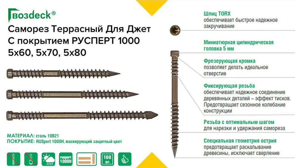 91248708 Саморез Gwozdeck Для террасной доски потайной 5x70 мм Окрашенный Torx15 100 шт STLM-1003469