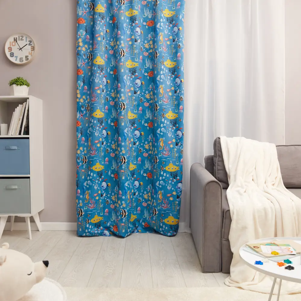 Штора на ленте блэкаут Рыбы 150x260 см цвет голубой 87965007 STLM-2178628 SEASONS 