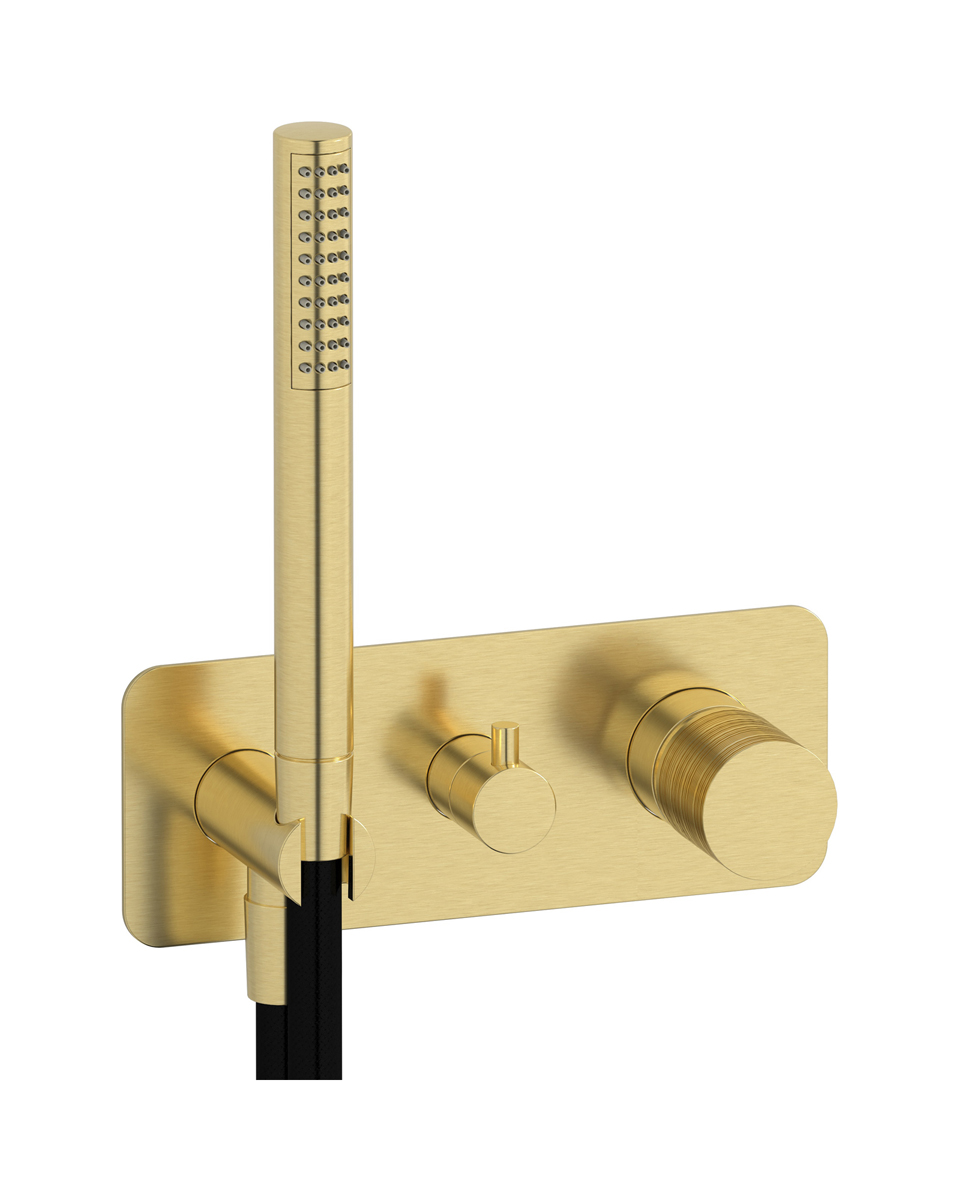 Внешние части встроенного в стену смесителя на 3 потребителя в комплекте с душевым гарнитуром. WE ARE IB vn706np Brushed Pale Gold Vinile