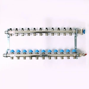 Коллекторная группа из нержавеющей стали с регулир. и термостатическими вентилями и расходомерами REHAU 1"x3/4"ЕК 11 выходов