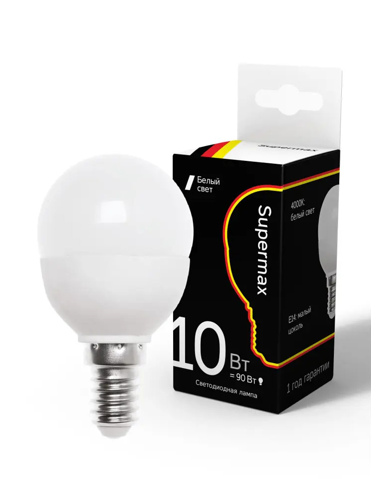 90717810 Лампа светодиодная SUPERMAX Sup_LED10wGL45E1440 E14 220-230 В 10 Вт шар малый матовая 800 Лм нейтральный белый свет STLM-0352521