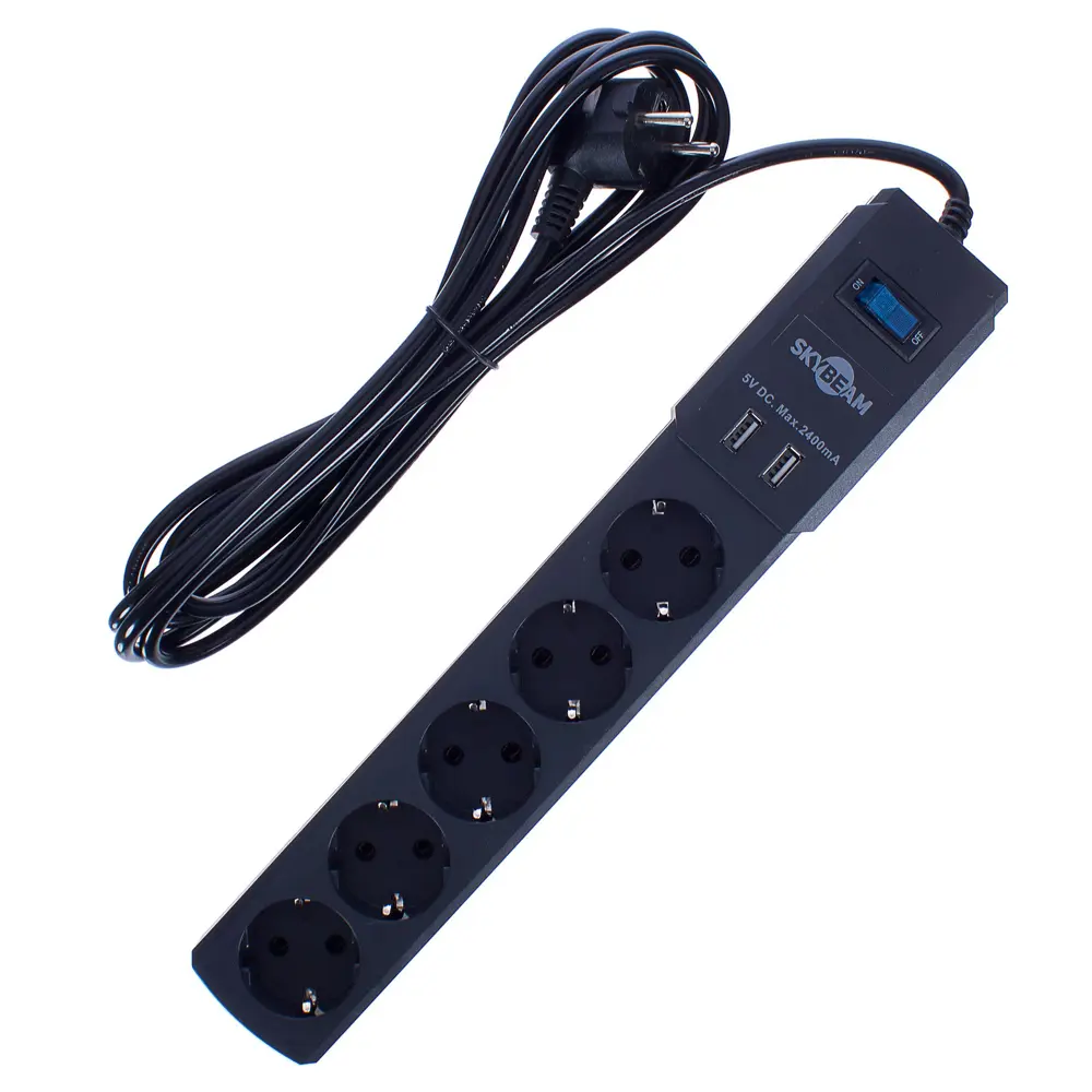 Удлинитель с заземлением 5 розеток 3 м 3500 Вт выключатель цвет чёрный SKYBEAM STLM-2053299 - Вид №1