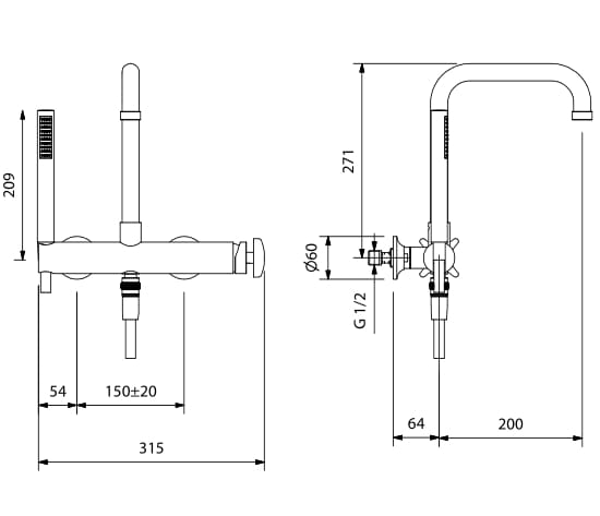 Настенный смеситель для ванны с ручным душем Park Avenue Cross ARCH-00043552 - Вид №2