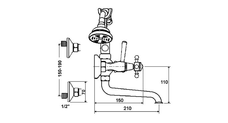 Настенный смеситель для ванны с 2 отверстиями и ручным душем rvb 1920-1921 ARCH-00014985 - Вид №2