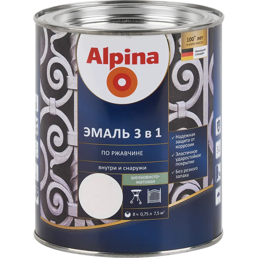 Грунт-эмаль по ржавчине 3 в 1 Alpina полуматовая цвет белый 0.75 л STLM-2007222
