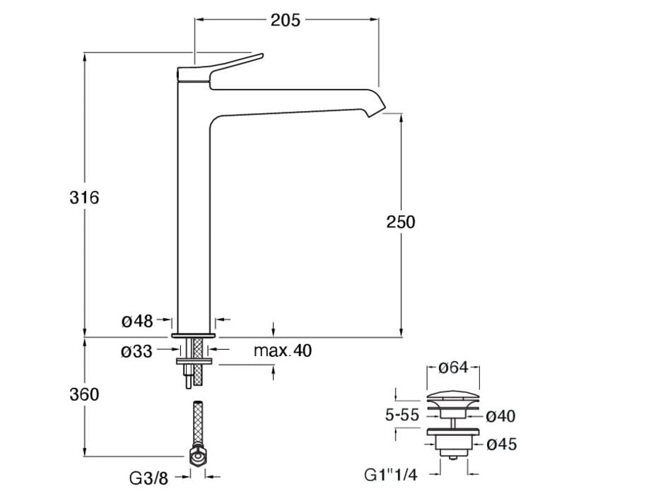 Однорычажный высокий смеситель для раковины со сливом CRISTINA Rubinetterie бочка ARCH-00100021 - Вид №1