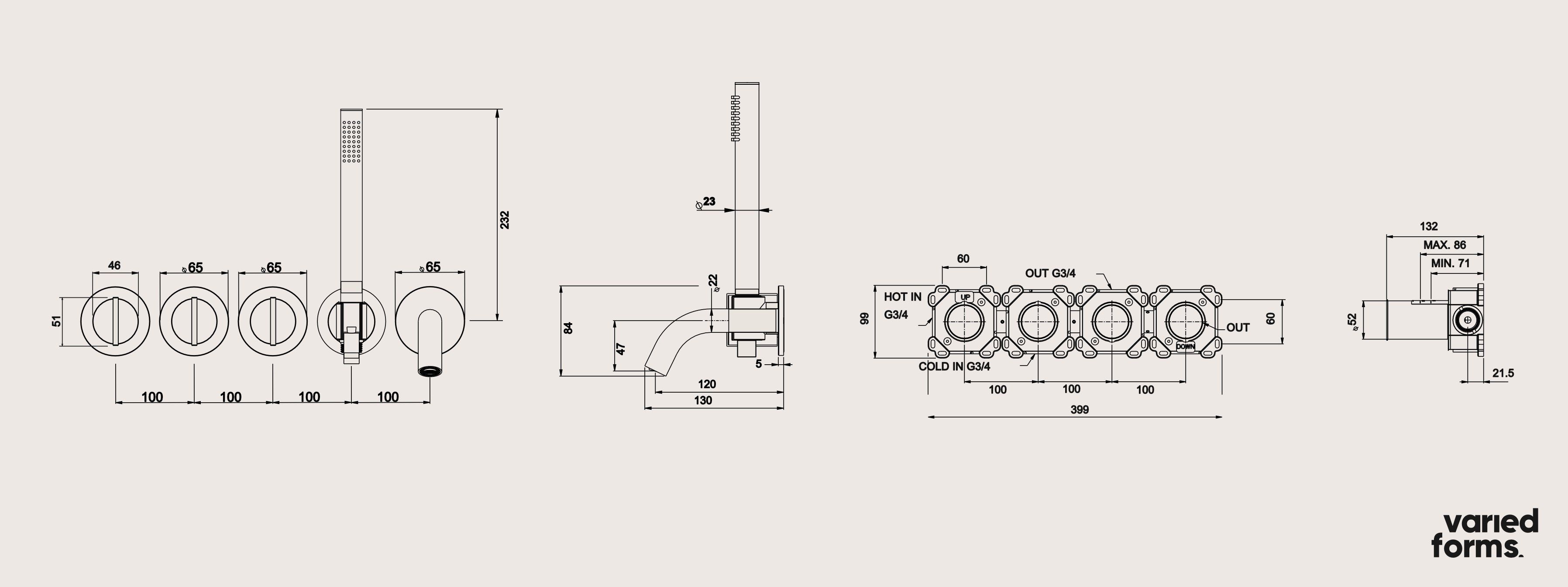 Настенный набор для ванны с 5 отверстиями и ручным душем Varied Forms Macaron ARCH-00113185 - Вид №1