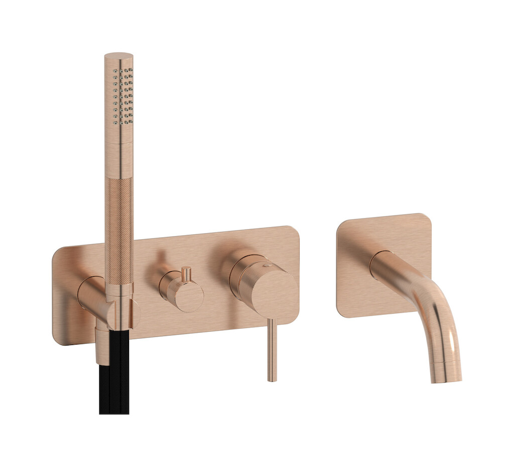 Настенный смеситель для ванной на 5 отверстий с дивертером и душевым гарнитуром. WE ARE IB id398sr Brushed Rose Gold Industria