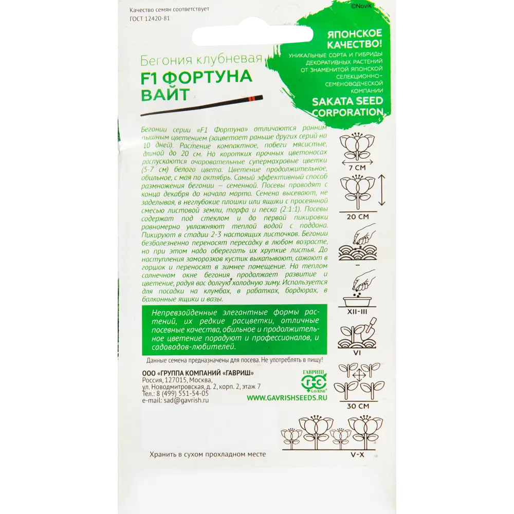 Бегония «Фортуна Вайт» F1, 4 шт ГАВРИШ STLM-2179412 - Вид №1