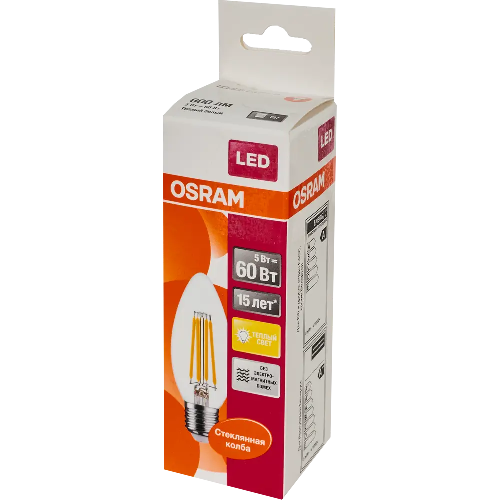 Лампа светодиодная Osram E27 220 В 5 Вт свеча прозрачная 660 лм тёплый белый свет 82481267 STLM-2050846  - Вид №3