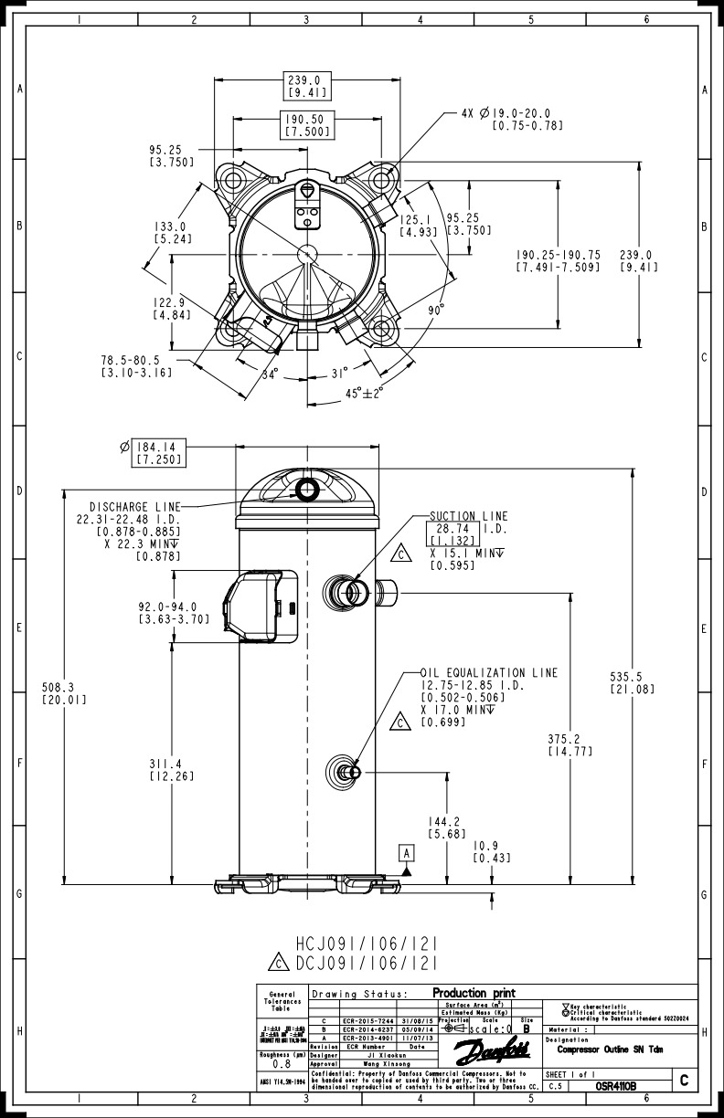 Danfoss DCJ — Герметичные спиральные компрессоры, R401A DCJ121T4LC6 Компрессор спиральный 121L5016  - Вид №11