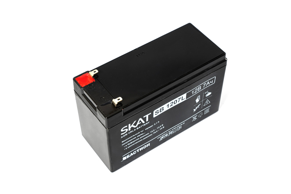SKAT SB 1207L , 12v, 7ah, maximum charge current 2.1 a. terminal type - f1 knife. case size - 66x151x100. weight - 1.6 kg. service life - 6 years. warranty - 18 months. Бастион  - Вид №1