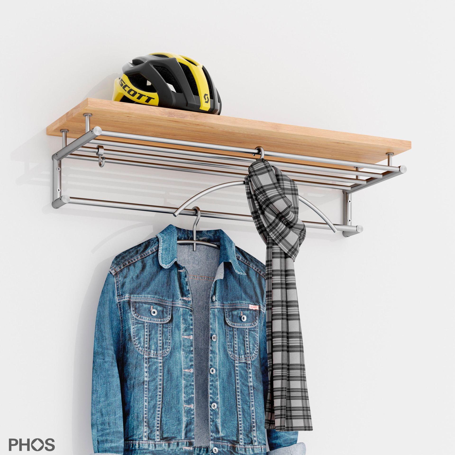 G18-800-Eiche Навесной шкаф g18 с 5 платяными штангами и деревянной полкой из массива дуба - ширина 85 см PHOS  - Вид №1