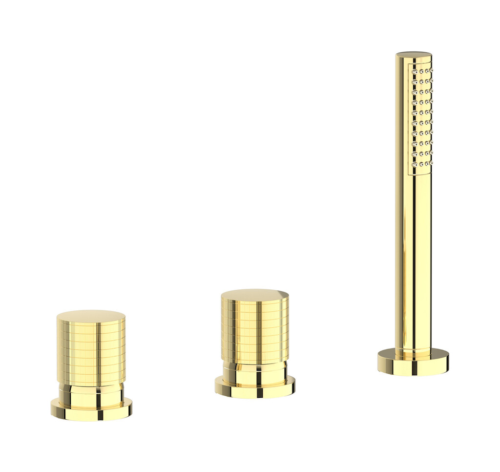 Смеситель на бортик ванной на 3 отверстия с изливом, дивертером и душевым гарнитуром. WE ARE IB ga397ii Pale Gold Gatsby