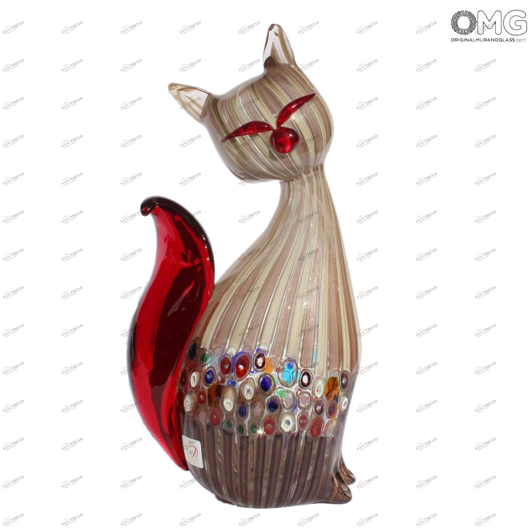 2371 ORIGINALMURANOGLASS Фигурка красного кота из муранского стекла с миллефиори 8 см 