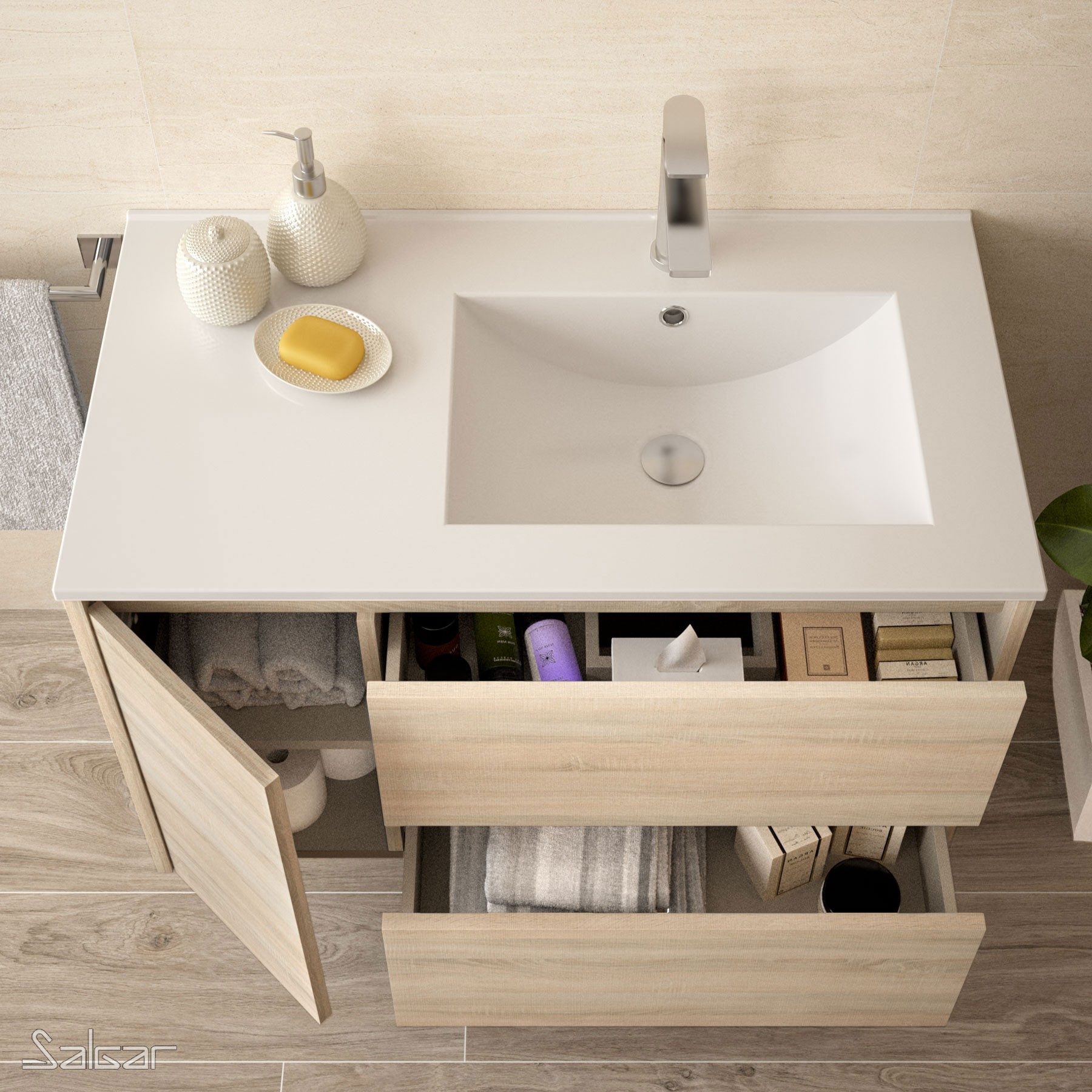 85065 SALGAR Мебель для умывальника NOJA 855 1 дверь левая ROBLE COLORADO + Раковина Дуб Каледония - Вид №1