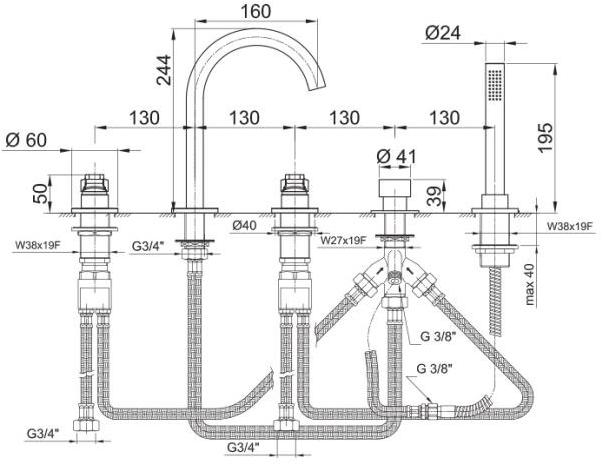 ABOUTWATER Комплект для ванны на 5 отверстий с ручным душем Al/23 sun-id-1482773 - Вид №2