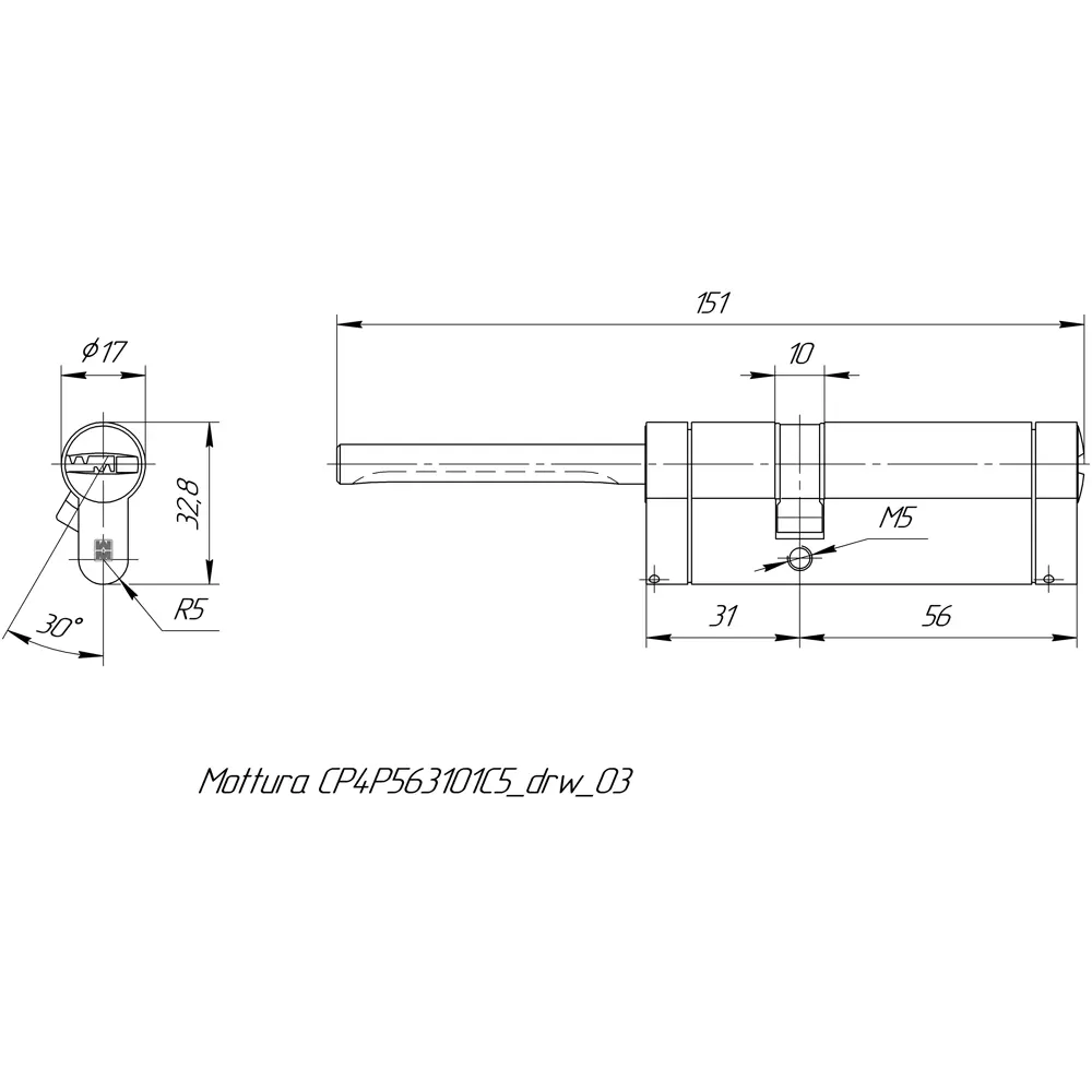 Цилиндр Mottura Champions Pro CP4P563101C5, 51x10x26 мм, ключ/шток, цвет матовый никель, без вертушки STLM-2131690 - Вид №4