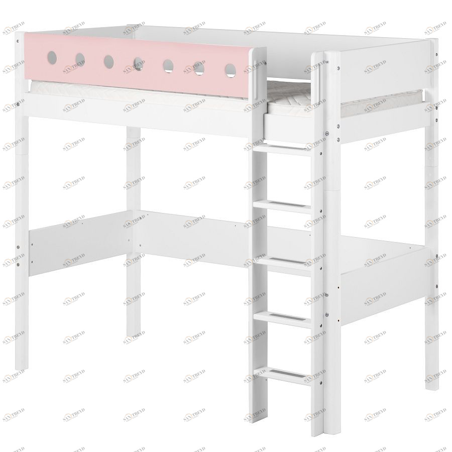 Кровать Flexa White высокая с прямой лестницей, 190 см, белая с розовым 801750118
