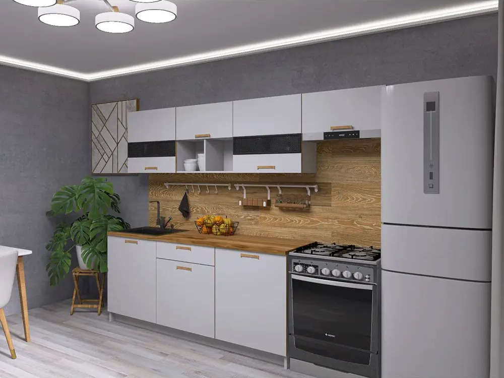 91378610 Кухонный гарнитур СБК Смарт 167263 240x202x56.6 см ЛДСП/стекло цвет светло-серый STLM-0870833