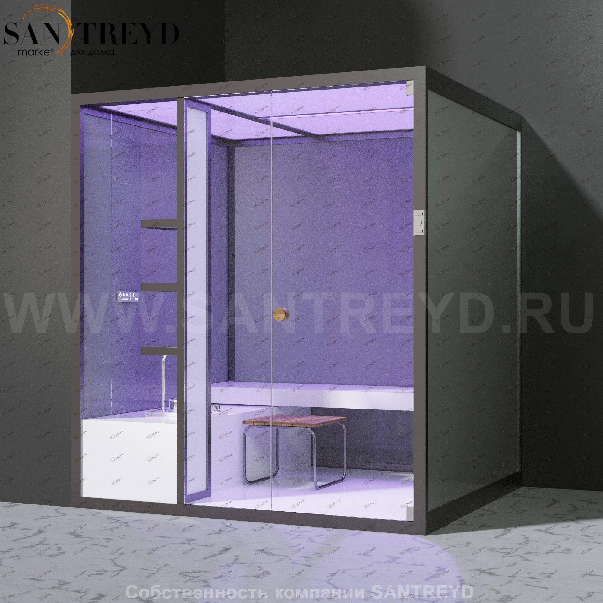 Effegibi BODYLOVE H BL30040004 Хаммам. Установка: в левый угол. Мощность: 7 кВт макс. Размеры: длина 200 см, ширина 176 см. Отделка: трубчатое стекло и гладкое стекло.