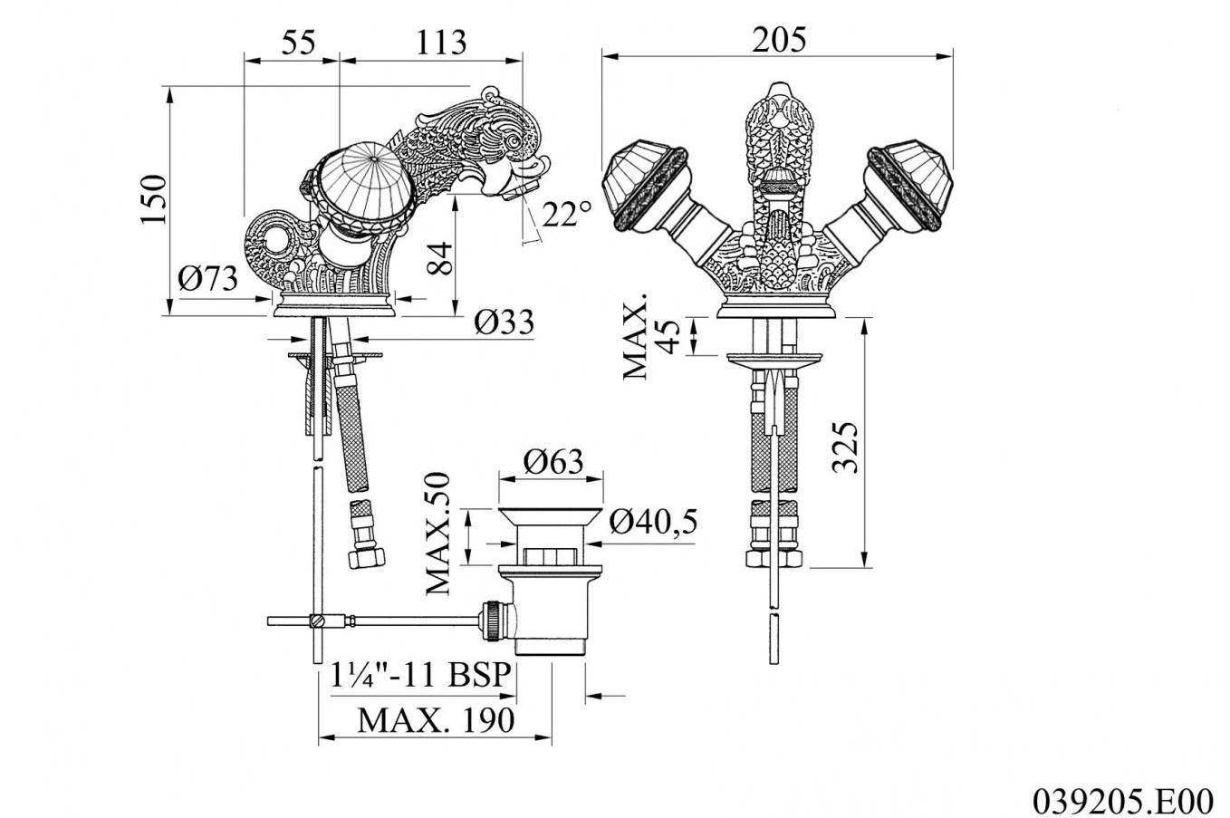Bronces Mestre Смеситель для умывальника на одно отверстие с кристаллами swarovski® Antartica 039205.e00.00 - Вид №1