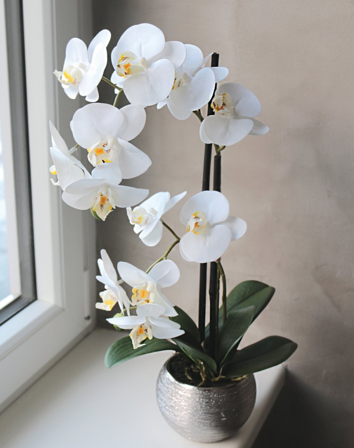 2777 778 a3 Пластиковая орхидея Phalaenopsis, 2-х кратная, горшечная, 45 см, real touch, бежево-белая H-andreas  - Вид №2