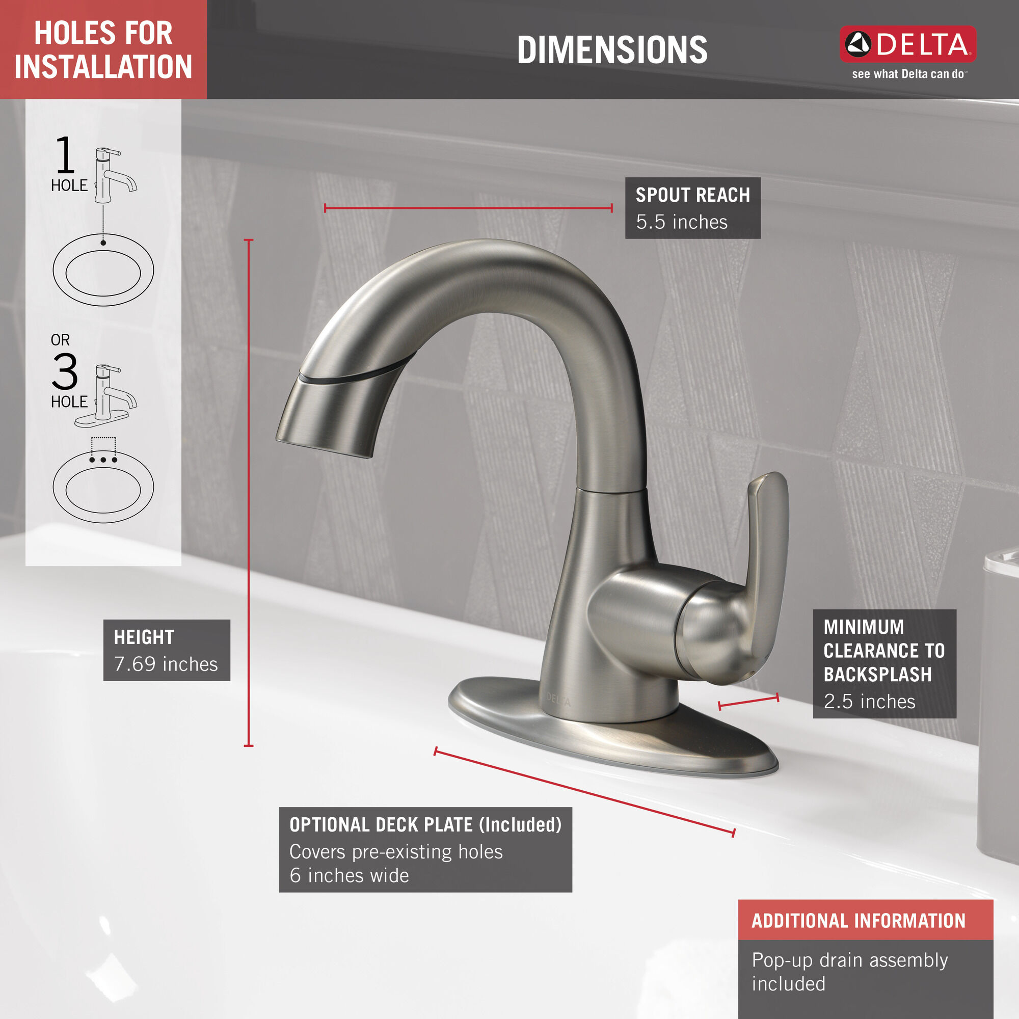 Выдвижной смеситель для ванной комнаты с одной ручкой Delta Faucet 15765LF-SPPD - Вид №1