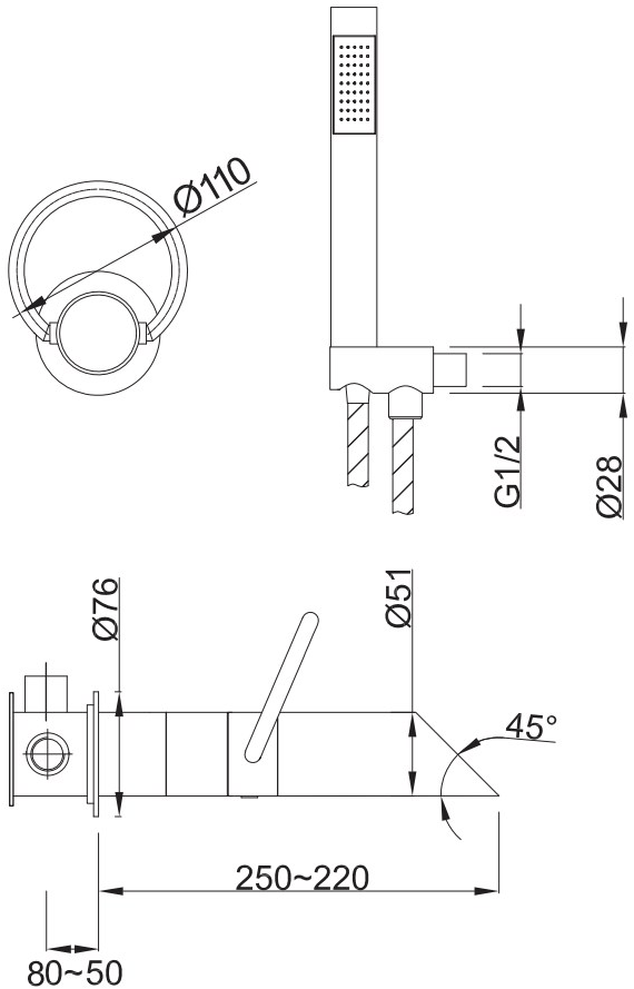 JEE-O Настенный смеситель для ванны из нержавеющей стали с ручным душем на одно отверстие Pure 300-3510 / 300-3511 - Вид №2